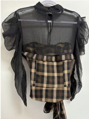 New York & Company Women's sheer Black Mesh Plaid Tie Front Blouse Top M Medium